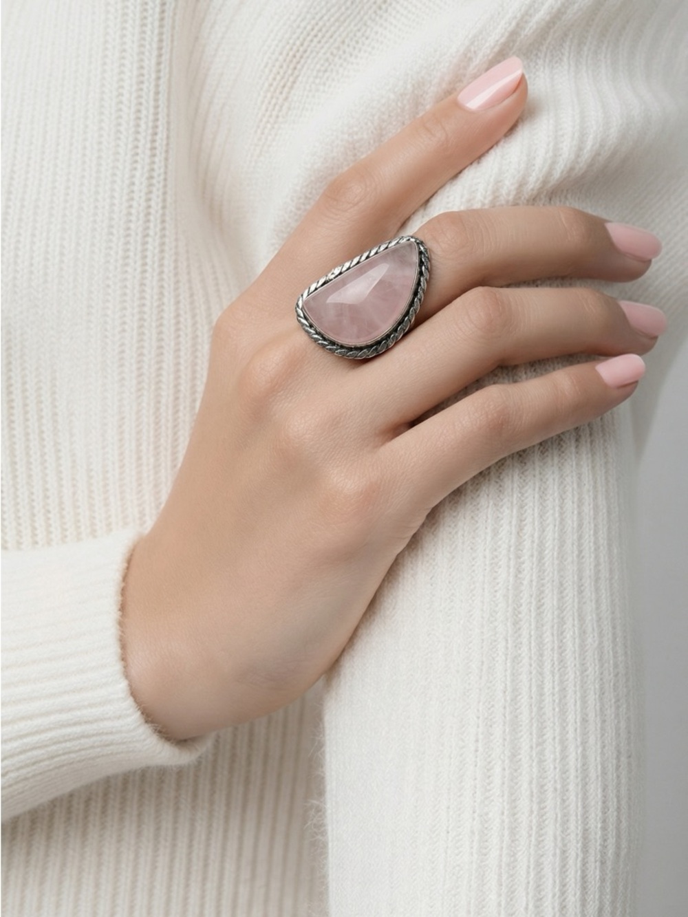 Natural rise quartz gemstone large custom shape 925 silver plated adjustable
